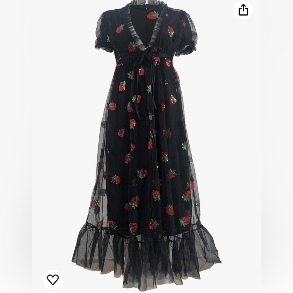 Strawberry Sequin & Black Mesh Dress Deep V-Neck Cap Sleeve Retro, A-line (S)